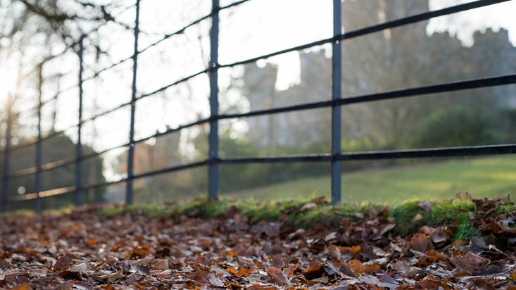 A stone path leading uphill with a traditional black metal parkland fence alongside it and Wray castle in the background.